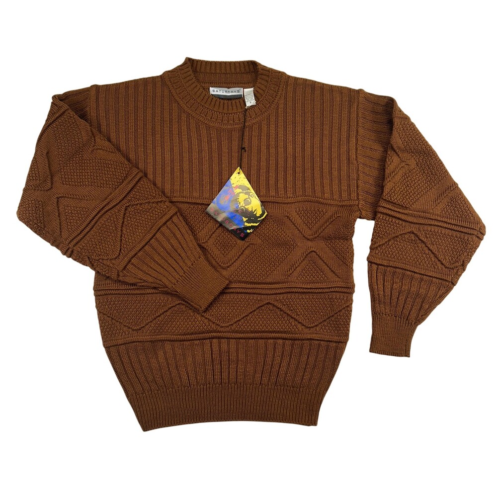 Vintage Saturdays Sweater Mens Small Brown Geometric Chunky Cable Knit Crewneck